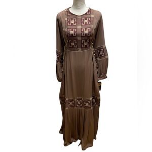 Rozan dress abaya maxi tan embroidered embellished Large NwT